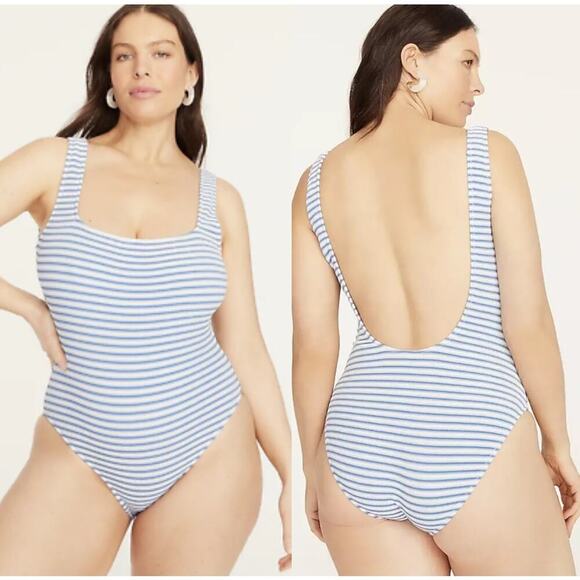 NWT J.Crew Textured Squareneck Scoop Back One-Piece Swimsuit Blue Stripe Size 24 - Picture 1 of 6